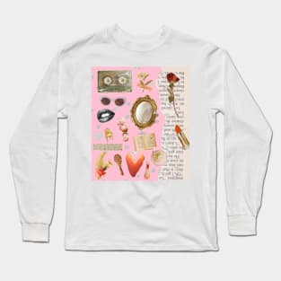 Vintage Old Money Aesthetic Collage Print Barbie Pink Long Sleeve T-Shirt